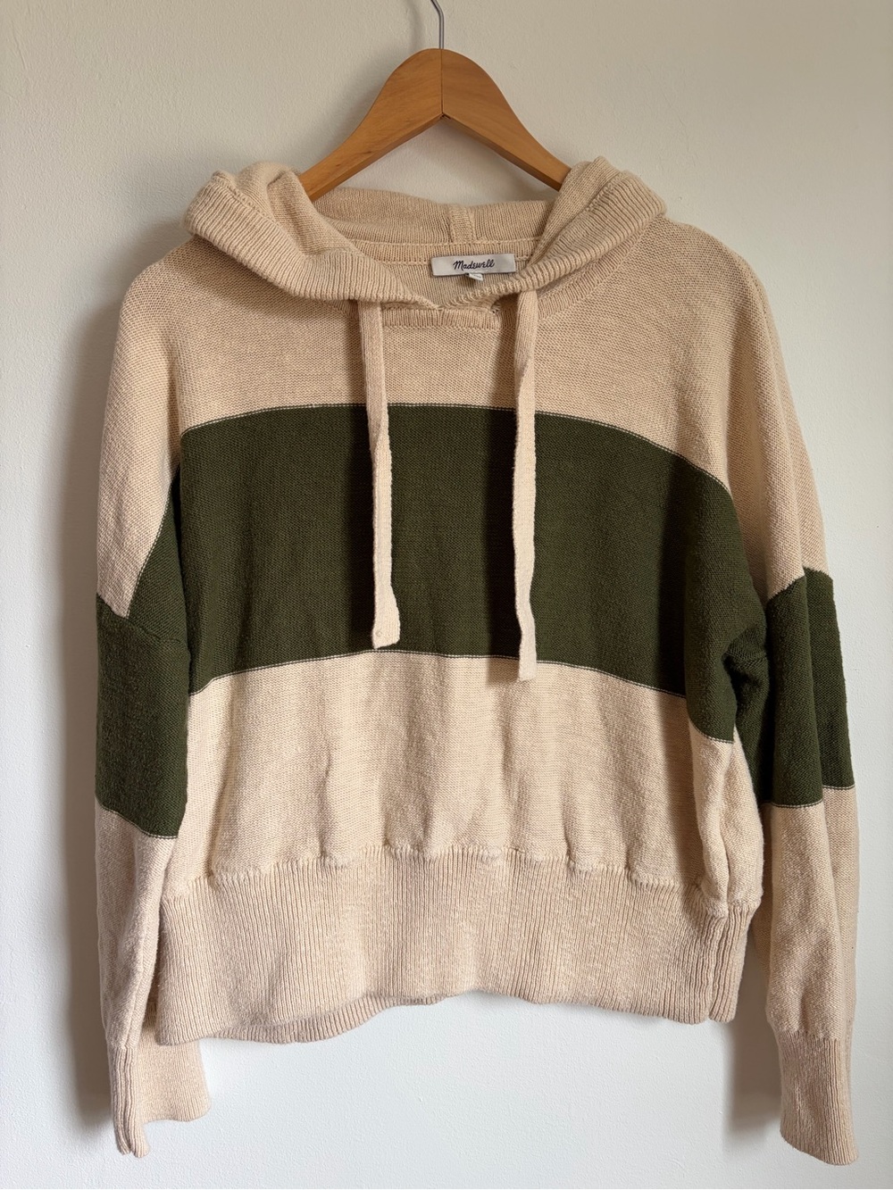 Madewell Cream Hoodie with Olive Green Chest Stripe
